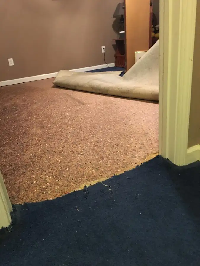 Carpet pad removal revealing water damage during Water Mitigation Services in Waterford